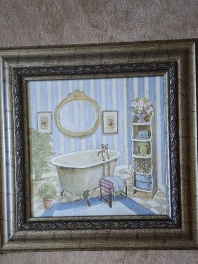 VINTAGE Framed Home Bath Wall Art - Blue Striped Bathroom Scene